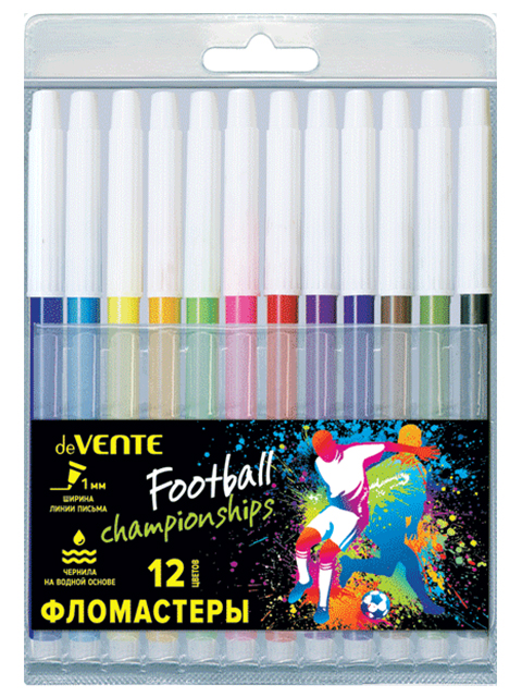 Фломастеры deVENTE "Football championships" 12 цветов, смываемые чернила, в ПВХ упаковке