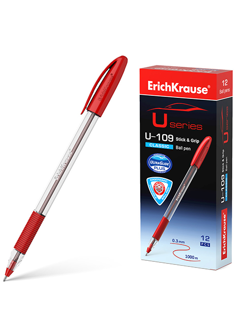 Ручка шариковая Erich Krause "U-109 Classic Stick" 1,0 мм, грип, корпус прозрачный, красный