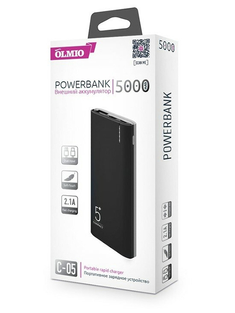 Аккумулятор внешний OLMIO "С-05", 5000mAh, 2.1А, micro USB, черный