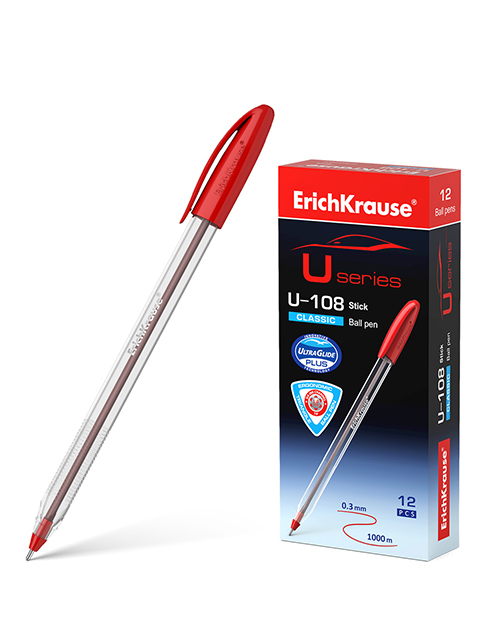 Ручка шариковая Erich Krause "Ultra Glide Technology U-108" 1,0мм, грип, красная