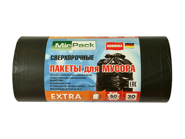 Мешок для мусора 60л. 30шт. "MirPack. Extra" черный, 14 мкм.