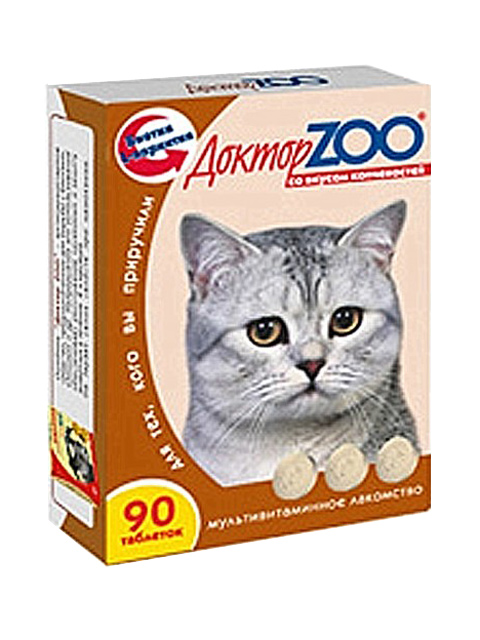 Доктор ZOO Мультивитаминное лакомство для кошек со вкусом КОПЧЕНОСТЕЙ 90табл.