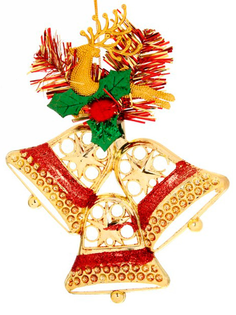 Новогоднее украшение "Колокольчик нарядный" 14 см, золото/красный, в пакете