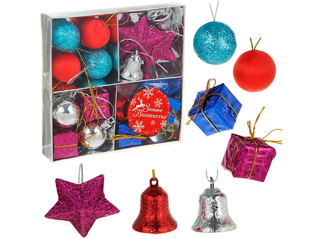 Набор елочных игрушек Украшение (подарки, шарики, звезды, колокольчики), пластик, 16 штук в упаковке