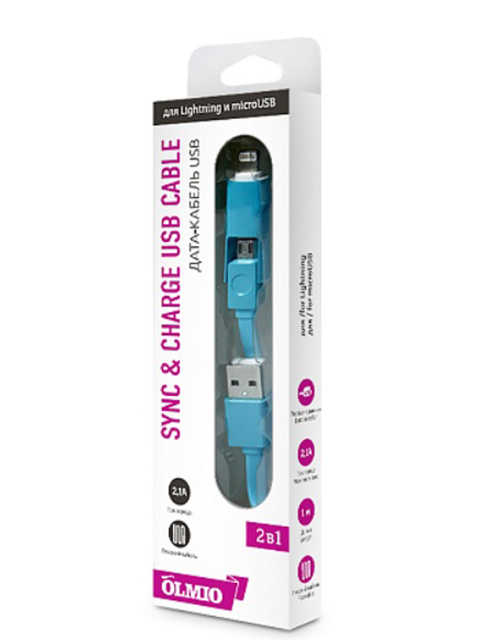 Дата-кабель OLMIO 2в1 USB 2.0-microUSB/Apple 8pin 2.1A, 1м, плоский, голубой