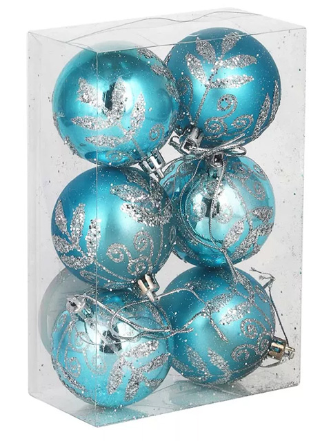 Набор елочных шаров СНОУ БУМ, 6шт 6см, с декором и пайетками, голубой с серебром, пластик