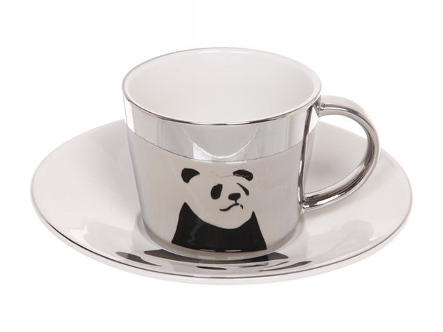 Чайная пара "Панда" зеркальная кружка 230мл+блюдце, анаморфный дизайн
