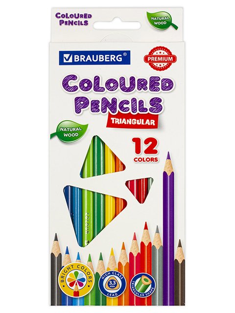 Карандаши цветные BRAUBERG "PREMIUM", 12 цветов, трехгранные, грифель мягкий 3,3 мм, 181651