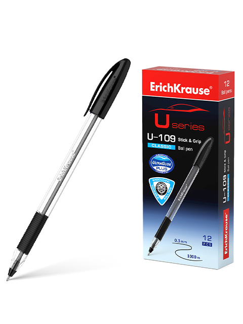 Ручка шариковая Erich Krause "U-109 Classic Stick" 1,0 мм, грип, корпус прозрачный, черный