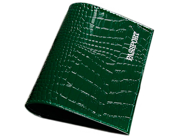 Обложка для паспорта  "PASSPORT" 9,5х13,5см, к/зам, тиснение фольгой, зеленый, крокодил