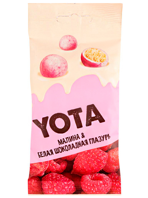 Драже "YOTA" 40г, Хрустящие шарики в белой шоколадной глазури с малиной