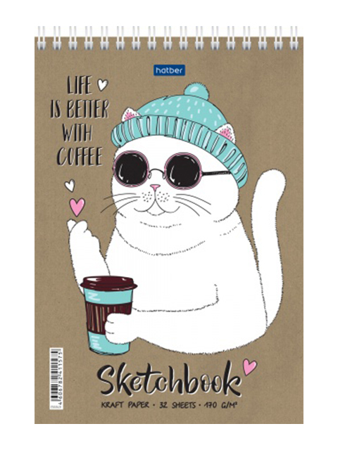 Блокнот А5 32 листа Хатбер "Sketchbook. Coffeecat" 170г/м2, крафт, на гребне