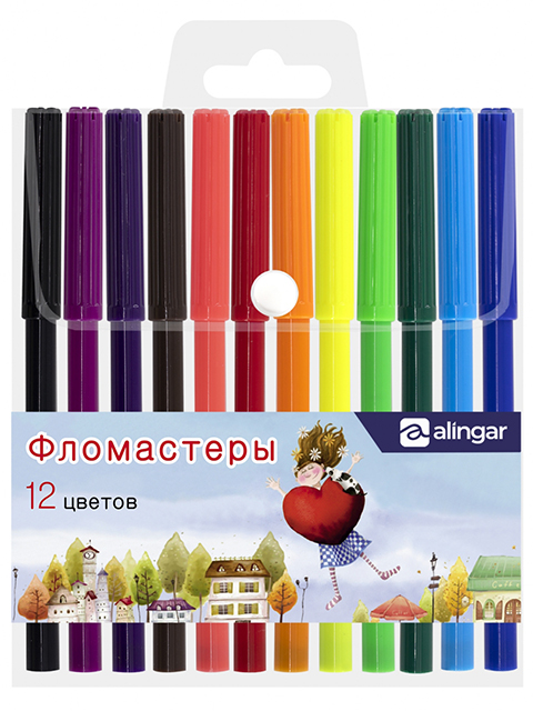 Фломастеры Alingar "Сердца" 12 цветов, смываемые, ПВХ, европодвес