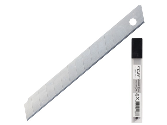 Лезвия для ножей 9 мм STAFF, комплект 10 шт., толщина лезвия 0,38 мм, в пластиковом пенале, 235465