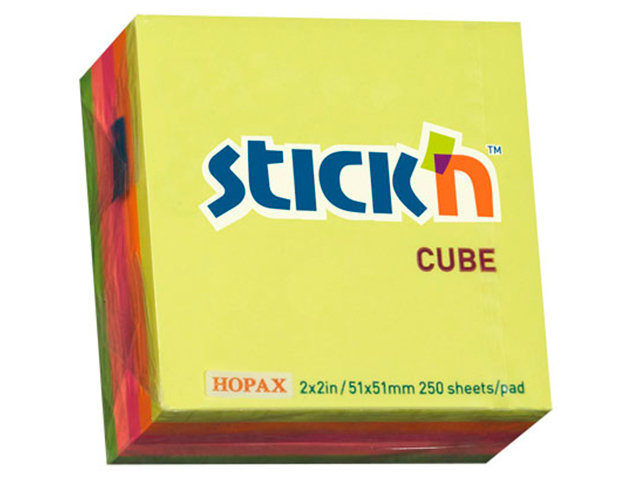 Блок для записей с клеевым краем Stick'n "CUBE" 51х51мм, 250 листов, 5 неоновых цветов