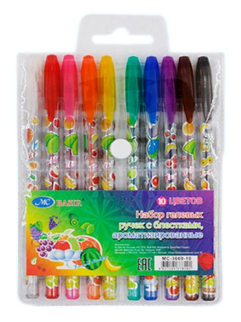 Набор гелевых ручек Basir "Фрукты" 10 цветов, ароматизированные с блестками