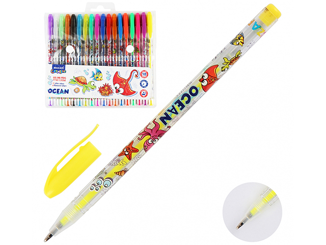 Набор гелевых ручек Mazari "Ocean" 18цв. 0.9мм, с блестками, аромат.