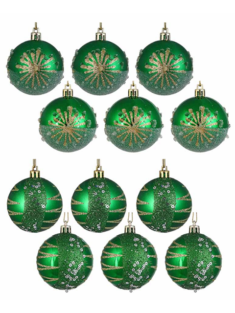 Набор елочных шаров СНОУ БУМ, 6шт 6см, с декором и пайетками, зеленый с серебром, пластик