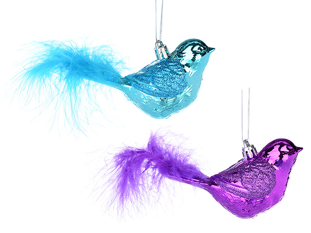 Новогоднее украшение "Птица с хвостом" 9 см, лиловый/ бирюза, на подвесе