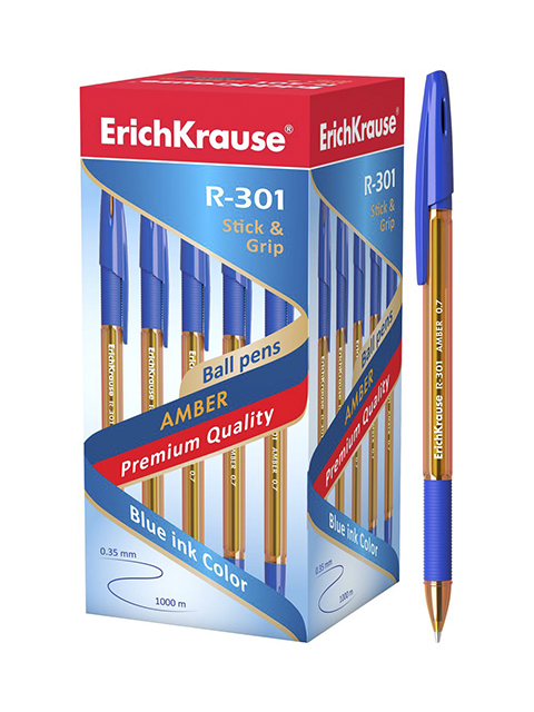 Ручка шариковая Erich Krause "R-301 Grip Amber" 0,7 мм, корпус пластиковый оранжевый, синяя