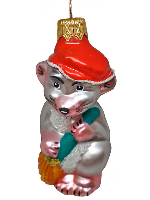 Елочное украшение фигурка "Крыса с веником" (Символ года) 9 см стекло, в подарочной упаковке