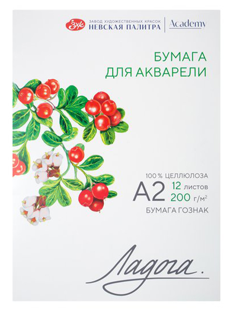 Папка для акварели А2 12 листов ЗХК "Невская Палитра. Ладога", 200 г/м2, 100% целлюлоза, среднее зерно