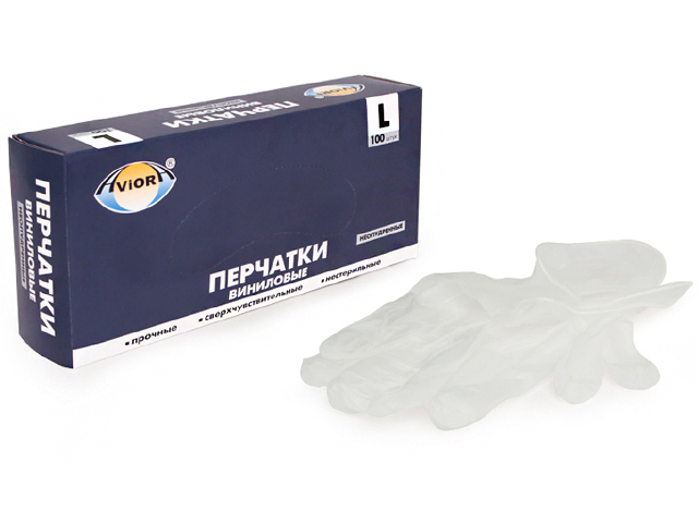 Перчатки виниловые AVIORA одноразовые, неопудренные, размер L, 50 пар (цена за упаковку)