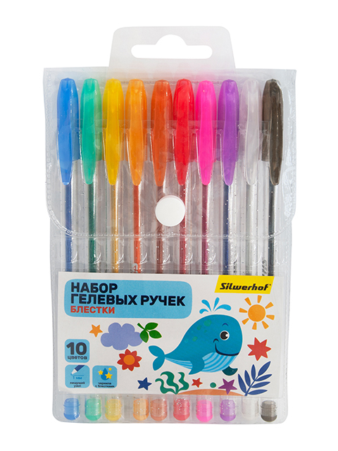 Набор гелевых ручек "Silwerhof. Веселые друзья" блестки, 10 цветов 