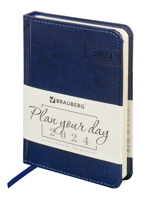 Ежедневник датированный 2024, А6, 168 листов BRAUBERG "Imperial", под кожу, синий