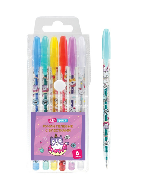 Набор гелевых ручек  ArtSpace "Кот-сластена", 6 цветов, 1,0мм, с блестками, ПВХ чехол