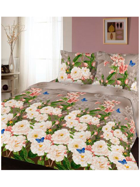 Постельное белье 2 спальное с европростыней Поплин "Белые цветы"