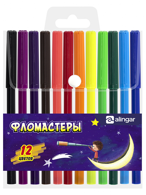 Фломастеры Alingar "Подзорная труба" 12 цветов, смываемые, ПВХ, европодвес