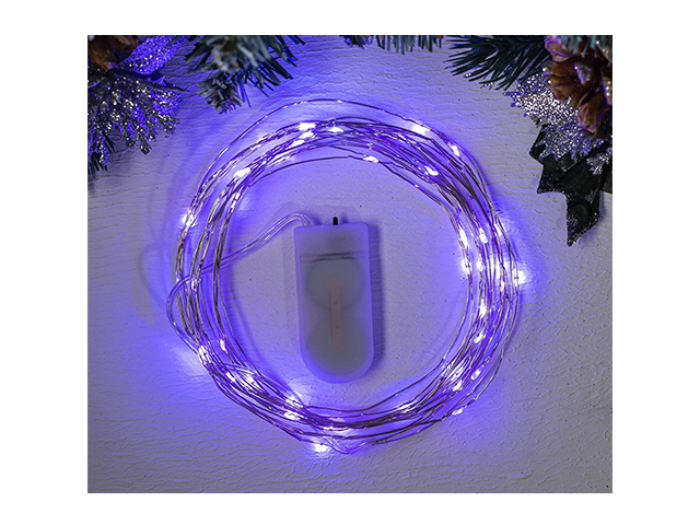Гирлянда электрическая LED 50 ламп "Роса", 5 м, провод серебристый, 1 режим, фиолетовый, от батареек (в комплект не входят)
