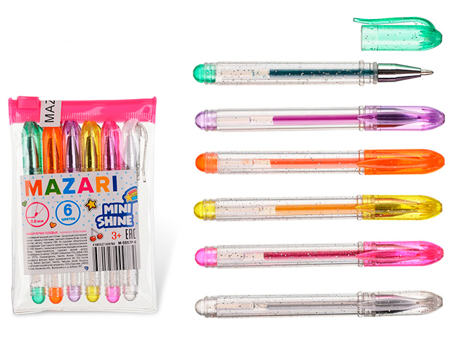 Набор гелевых ручек Mazari "Mini Shine" 6 цветов, 0,8 мм, ПВХ упак.