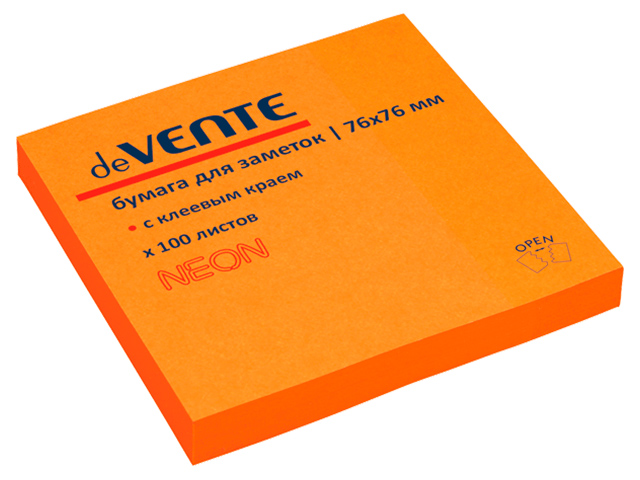 Блок для записей с клеевым краем deVENTE 76х76 мм 100 листов, неон оранжевый