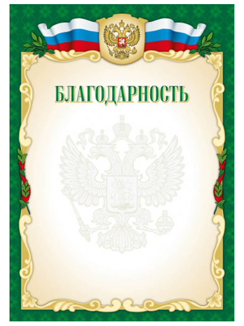 Благодарность А4 с Российской символикой, зеленая рамка, стандарт