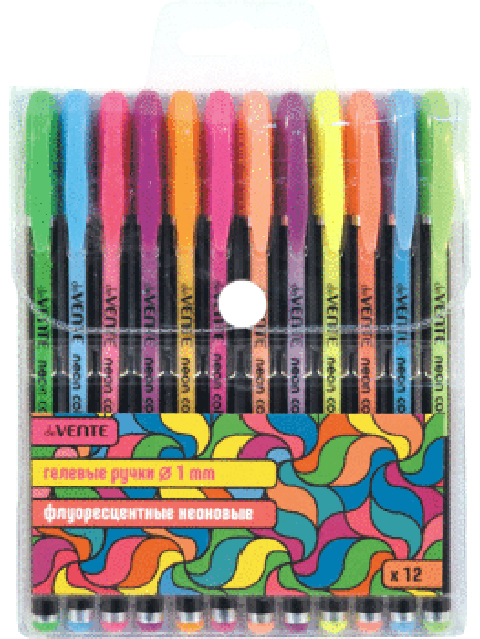 Набор гелевых ручек deVENTE "Neon Black" 12 цветов, 1 мм, неон, флуоресцентные