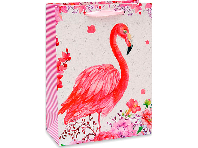 Пакет подарочный бумажный 26,4х32,7х13,6 "Фламинго в цветах" ламинированный