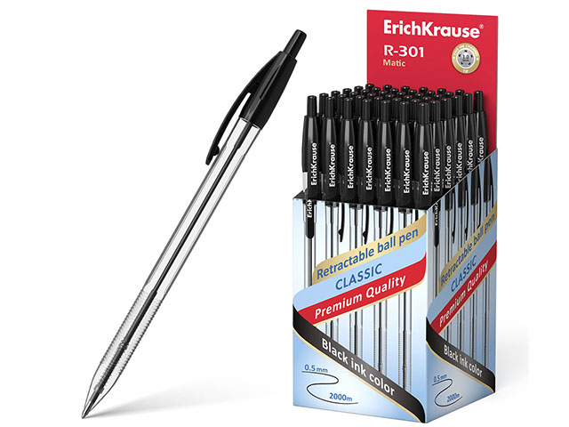 Ручка шариковая автоматическая Erich Krause "R-301. MATIC" 1,0 мм, корпус пластиковый прозрачный, черная