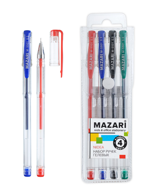 Набор гелевых ручек Mazari "NIDEA" 4 цв. 0.5 мм, корп. пластик. прозр., ПВХ упак.