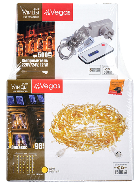 Гирлянда электрическая 96 лампы Vegas "Занавес" уличная, д-1 м, провод прозрачный, 1 режим, теплый + блок питания