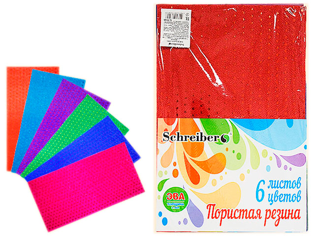 Набор для детского творчества Schreiber цветной пористой резины с пайетками, 6 листов 6 цветов