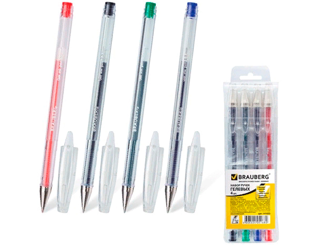 Ручки гелевые BRAUBERG "Jet", набор 4 штуки, узел 0,5 мм, линия 0,35 мм, подвес,141023