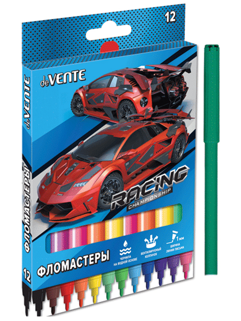 Фломастеры deVENTE "Racing championship" 12 цветов, смываемые, вентилируемый колпачок, в картонной упаковке