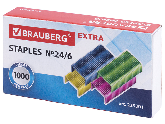 Скобы для степлера BRAUBERG "EXTRA" №24/6, 1000 штук, цветные