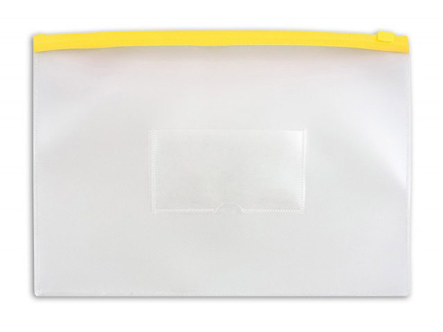 Папка-конверт на молнии А6 Бюрократ 0,15 мм прозрачная, желтая молния, карман