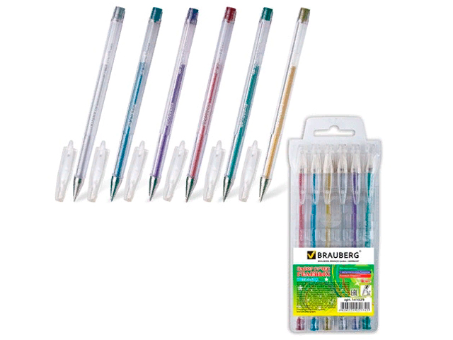 Ручки гелевые BRAUBERG, набор 6 шт., "Jet", чернила металлик, узел 0,7 мм, линия 0,5 мм, ассорти, 141029