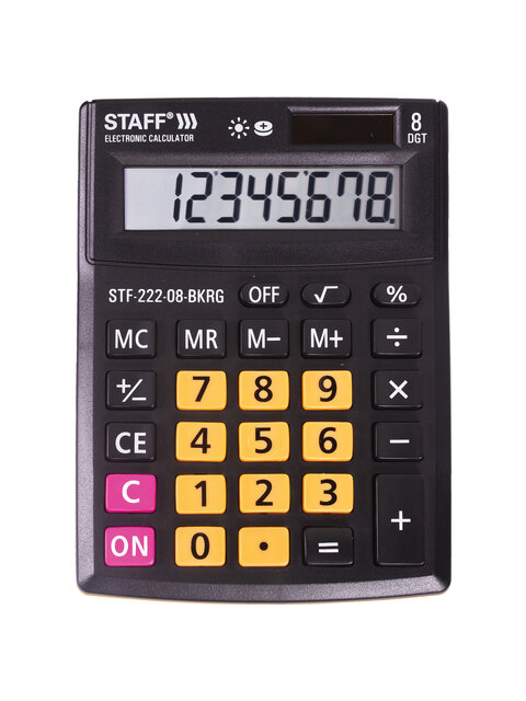 Калькулятор STAFF PLUS настольный STF-222-08-BKRG, 8 разрядов, черно-оранжевый, 138x103мм