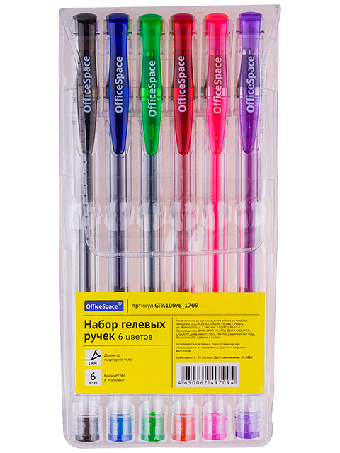 Набор гелевых ручек OfficeSpace, 6 цветов, 1 мм, европодвес