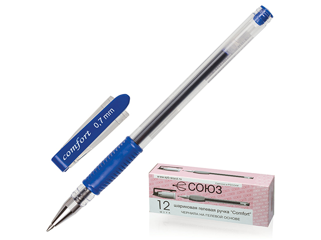 Ручка гелевая "СОЮЗ/ Comfort" 0.7мм, корпус прозрачный, синяя (без штрих-кода)